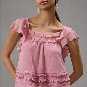 NWT BY ANTHROPOLOGIE RUFFLED FLUTTER-SLEEVE TOP (Color: Medium Pi…
